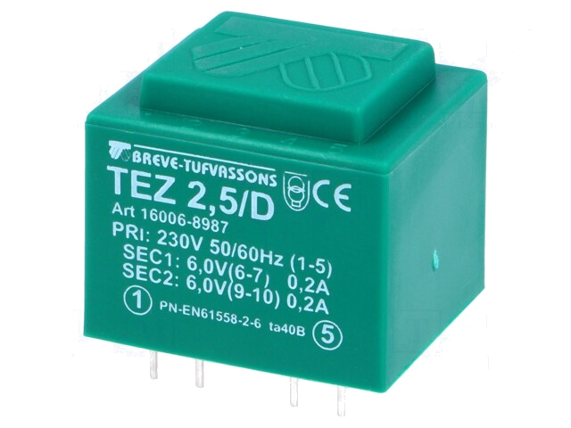 Transformator: ingegoten; 2,5VA; 230VAC; 6V; 6V; 208,3mA; 208,3mA Transformator: ingegoten; 2,5VA; 230VAC; 6V; 6V; 208,3mA; 208,3mA